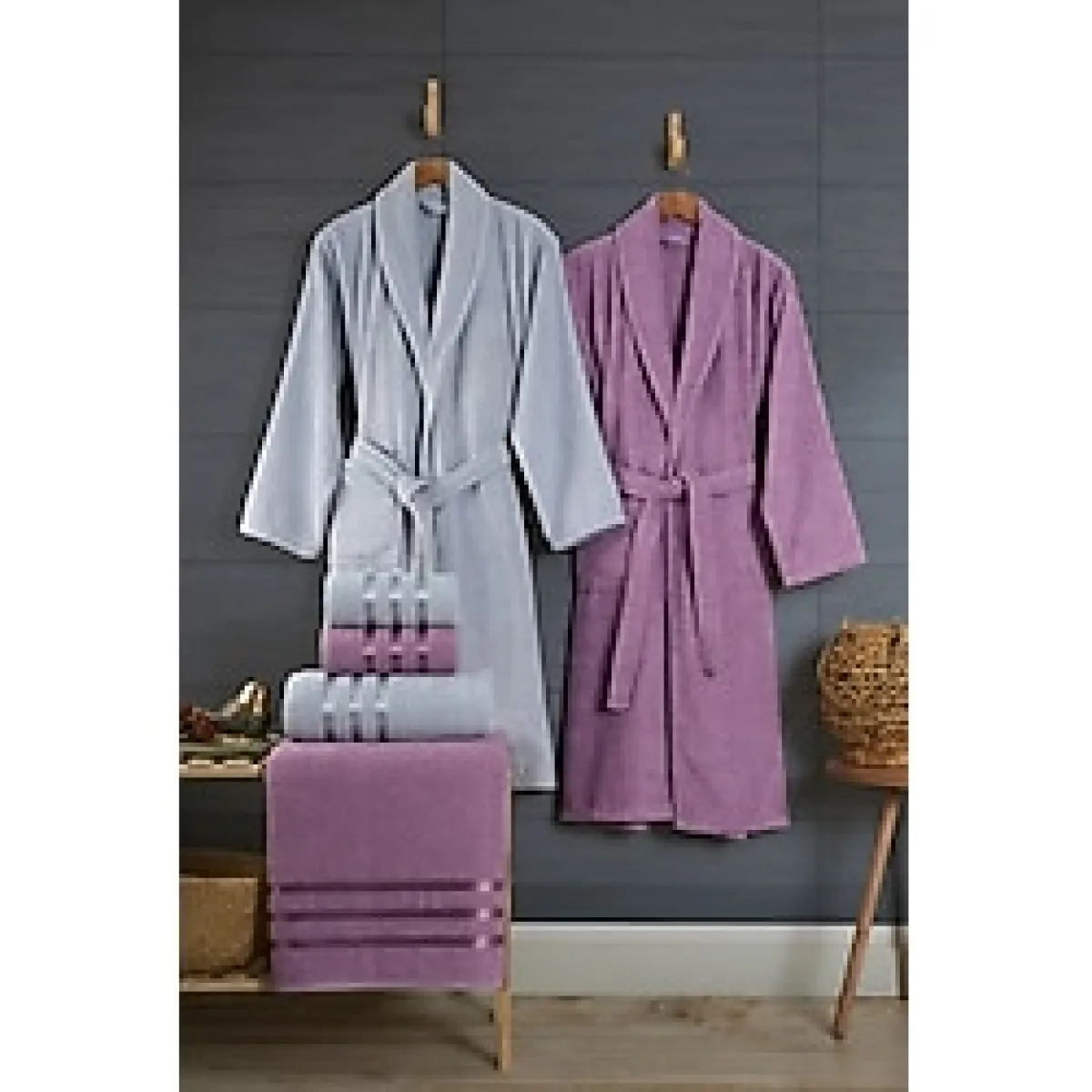 10 Parça Aile Seti Kadın & Erkek Bornoz Takımı - Standart - Gri