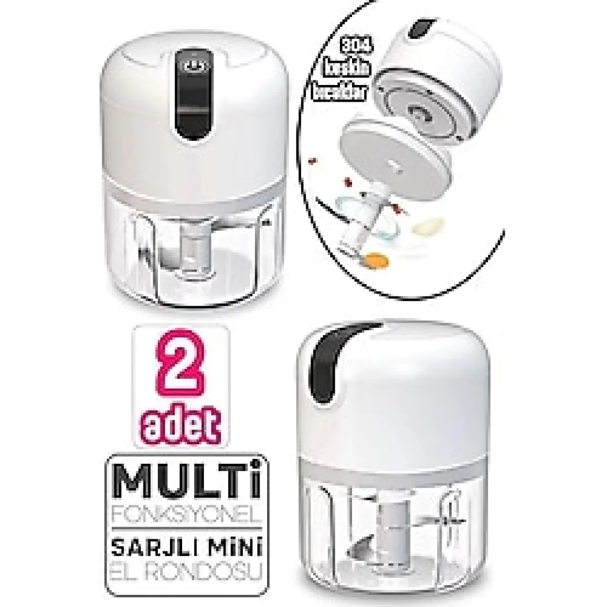 2'li Şarjlı Mini El Rondosu Çelik 3 Bıçaklı 250 Ml Mutfak Robotu Hazneli Sebze Et Doğrayıc Rende