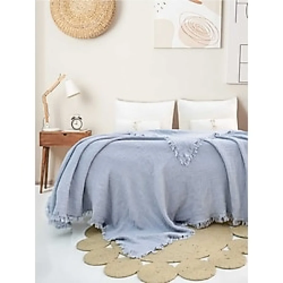 4 Kat Müslin %100 Pamuklu Çift Kişilik Pike Yatak Örtüsü 200X220 - Açık Mavi