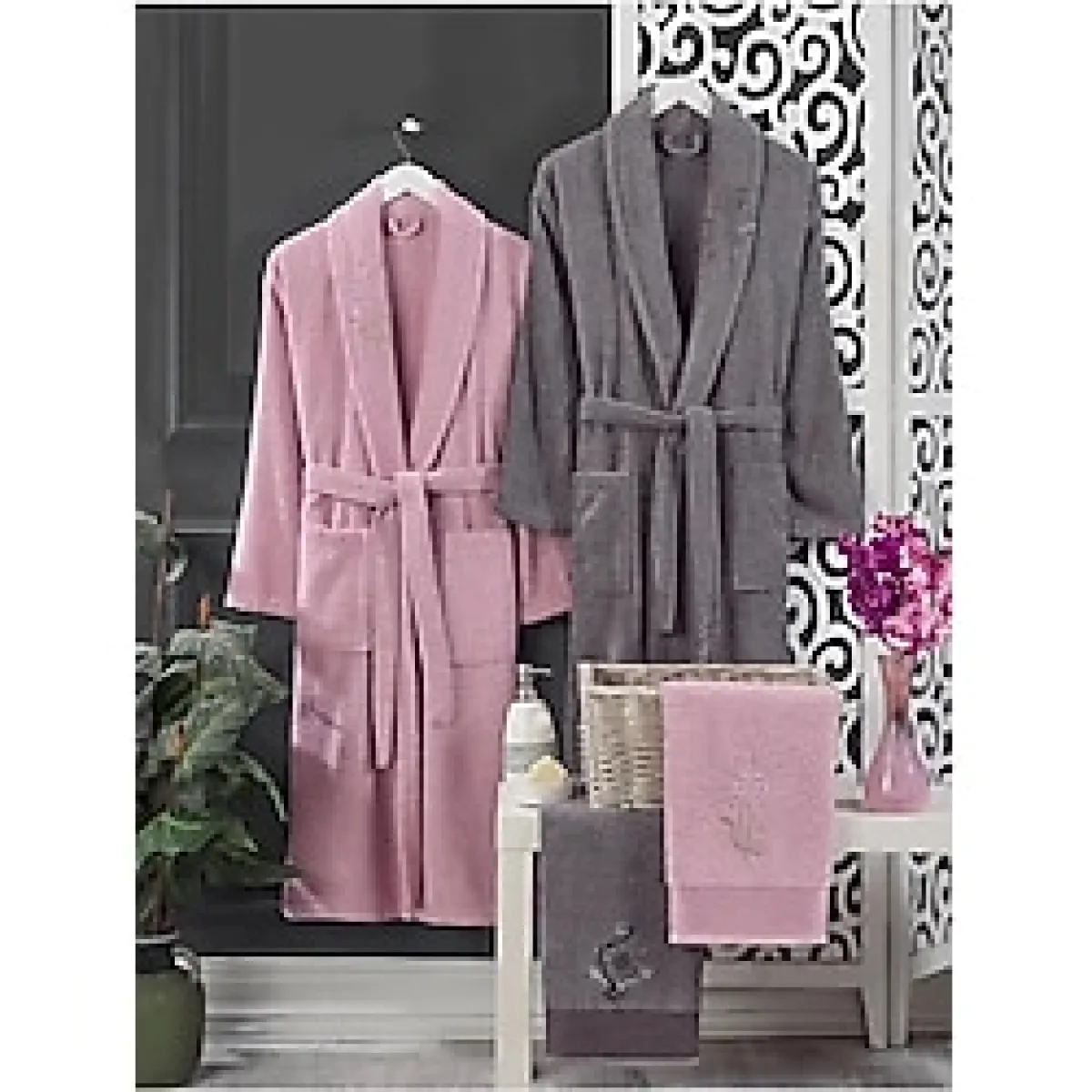 4 Parça Aile Bornoz Seti Kadın Erkek Havlulu Bornoz Takımı Pembe-Gri