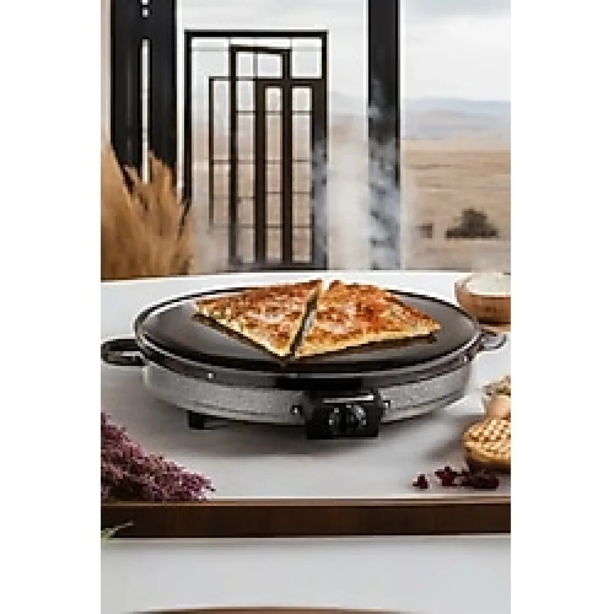 50CM Elektrikli Katmer ve Gözleme Sacı, 2000W, Termostatlı, Büyük Boy - Altın - Gri