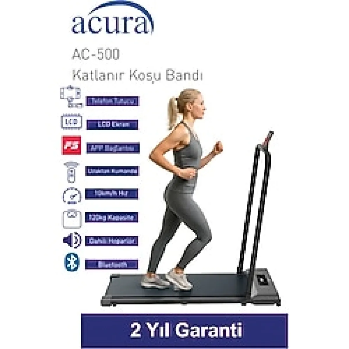 Acura AC-500 Bluetoothlu, Hoparlörlü, Uzaktan Kumandalı Katlanır Koşu Bandı - Gri