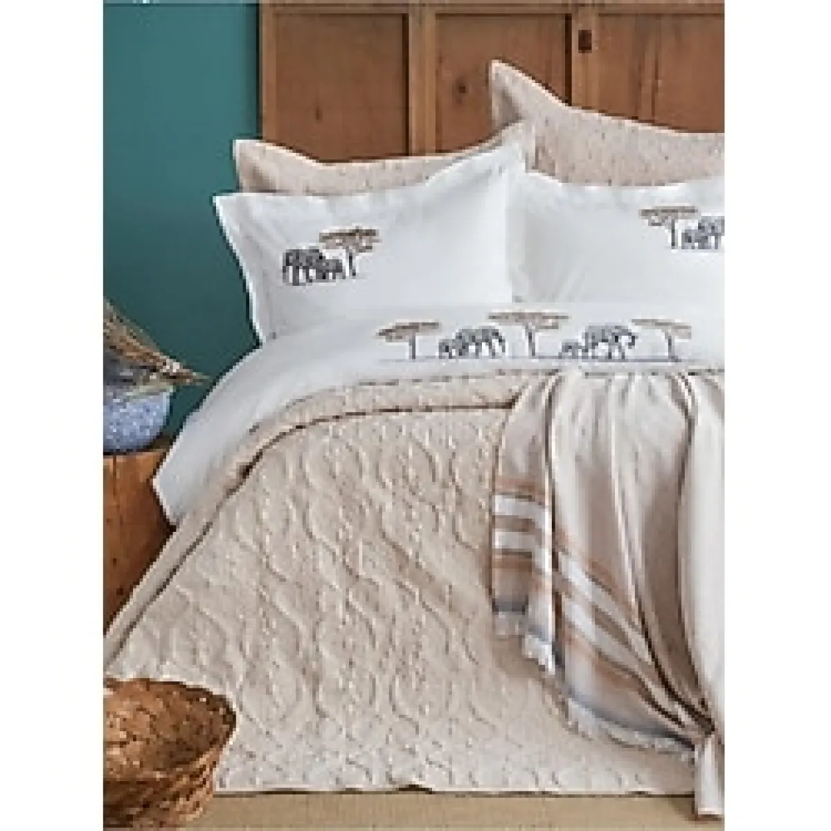 Apricitas Home Aleph Blue Çift Kişilik %100 Pamuk Nevresim Takımı ve Battaniye - Yatak Örtüsü Seti - 230 x 240 cm - Mavi