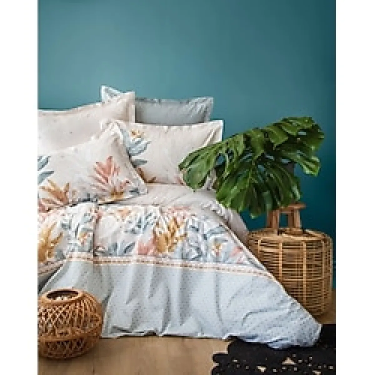 Apricitas Home Senses Scarlet Mavi Çift Kişilik %100 Pamuk Kapitoneli Nevresim Complete Set - Bej - Mavi - 220 x 230 cm