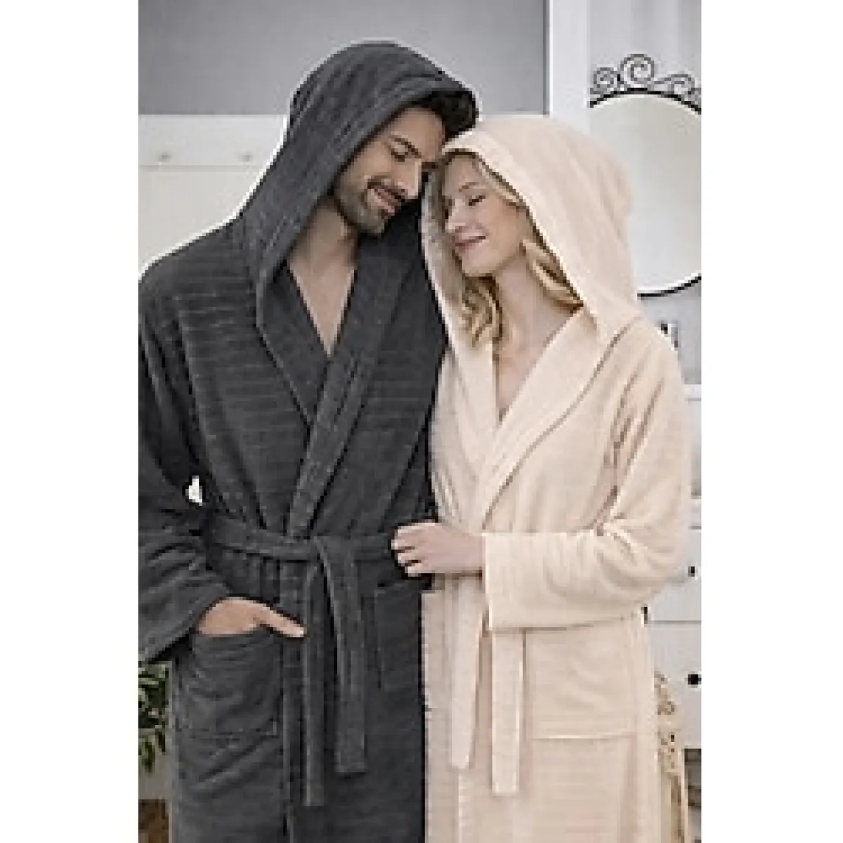 Asilex Home Collection Pamuklu Kapüşonlu Çift Kişilik Antrasit- Bej Bornoz Takımı Yumuşak ve Emici