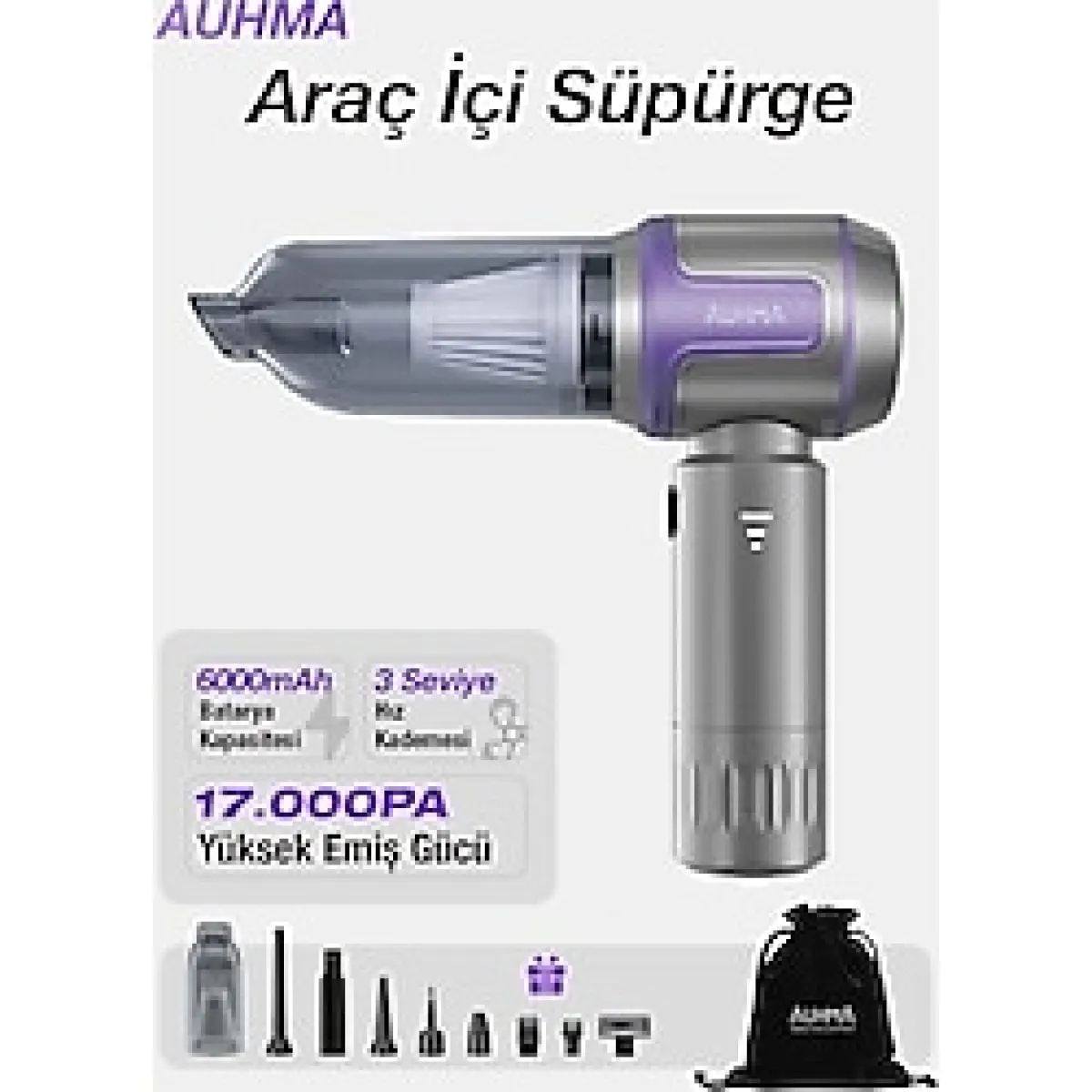 Auhma Ahv07 Kablosuz Yatak Akar Süpürgesi 8000 PA Emiş Gücü Toz Haznesi Var Şarjlı Kullanım - Siyah - Mor