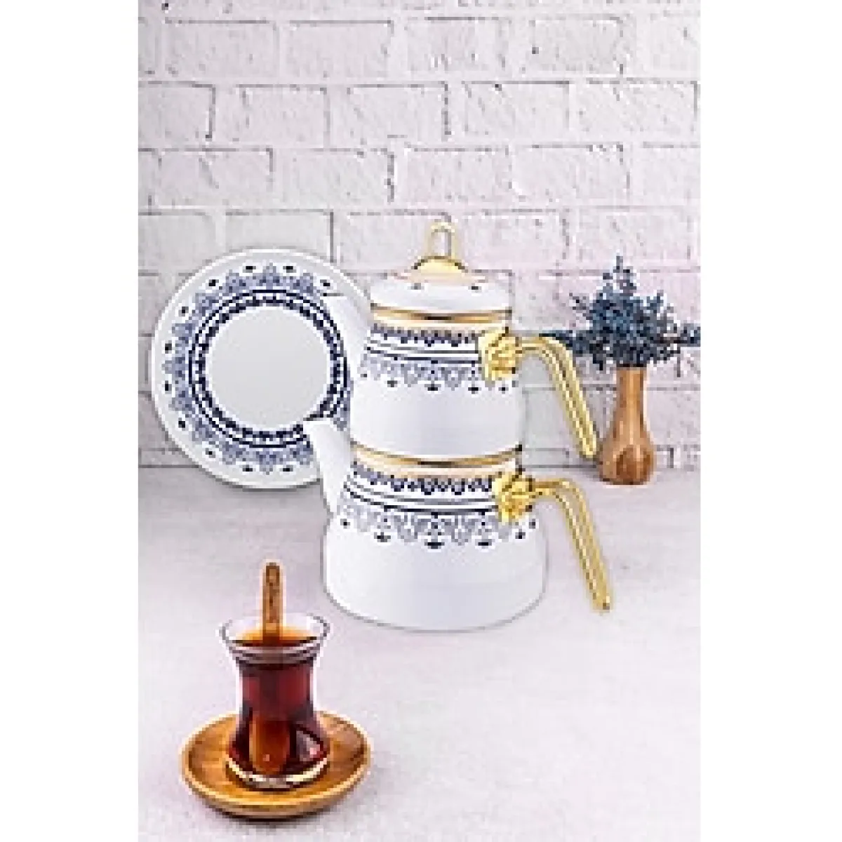 Bambum Emaye Çaydanlık Seti Bambu Desenli Yüksek Isıya Dayanıklı 1 lt Demlik 2 lt Alt Isıtıcı
