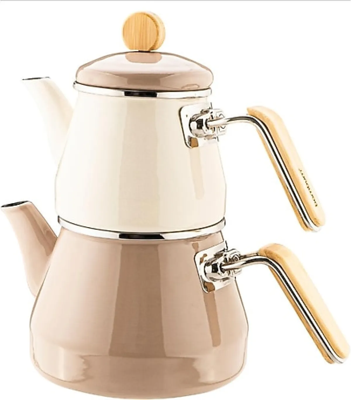 Bambum Lumino Bambu Kulplu Bej Emaye Çaydanlık Takımı