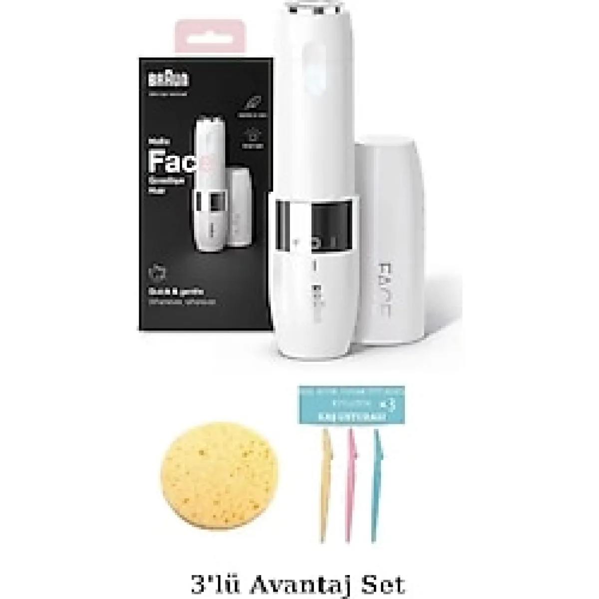 Braun Mini Tüy Alma Makinesi Pil/Fırça Seyahat Boy Bıyık, Çene - Sünger ve 3'lü Kaş Usturası Hediyeli