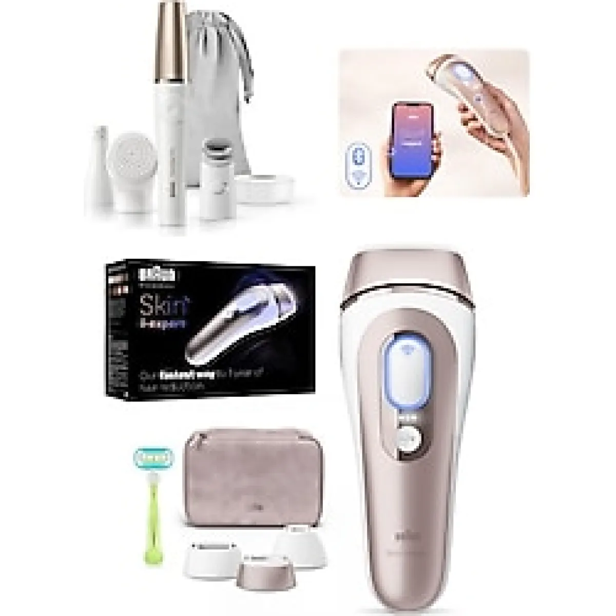Braun Yüz,vucüt ve Hassas Bölge Kullanım Tüm Vücutta Hassas ve Kusursuz ,cilt Tonu ve Vücut Tüy Tipi Şeması Bluetooth Bağlantı ve 3 Ayrı Başlık Skin I-Expert Preimum Epilasyon Seti+ Facespa Pro 911