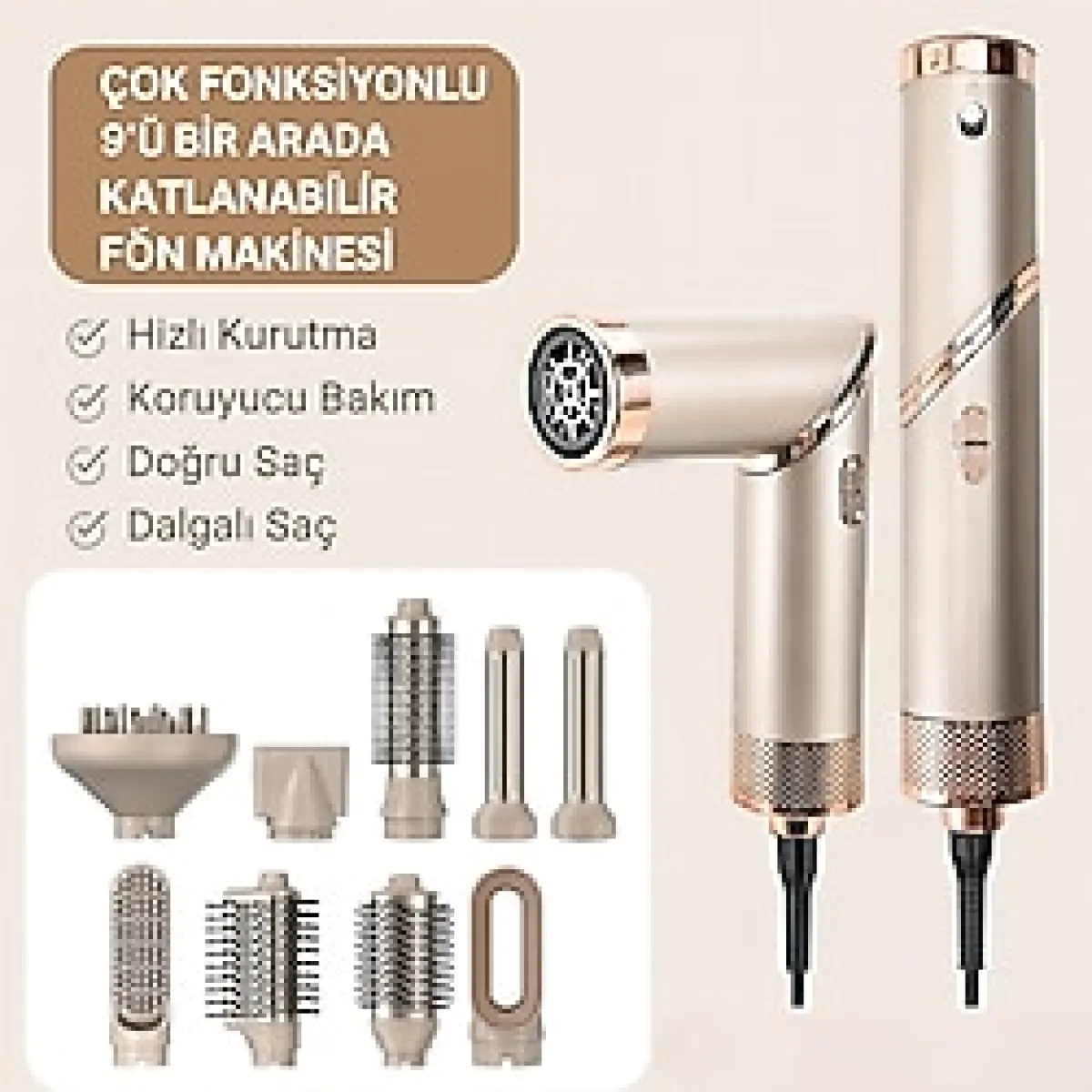 Buldug 9'u 1 Arada Hızlı Kurutma ve Şekillendirme Saç Kurutma Makinesi - 1600W Fön ve Maşa Başlıkları