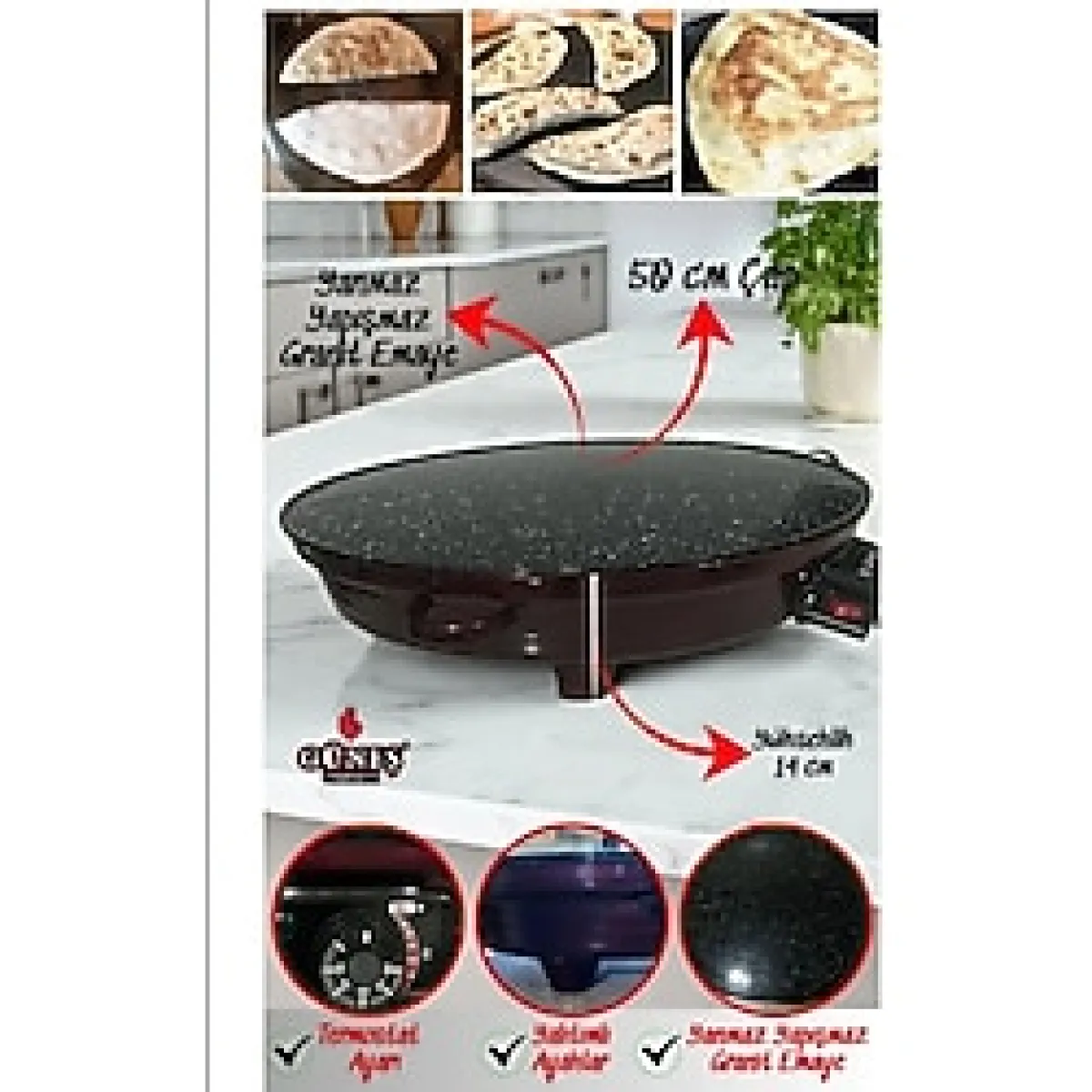 Büyük Boy Elektrikli Katmer ve Gözleme Sacı, Beyaz, Kolay Kullanım - 1BW-Beyaz