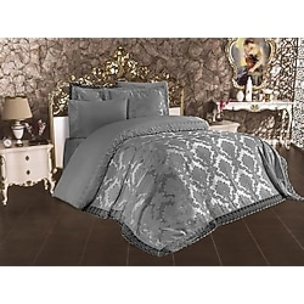 Çeyiz Diyarı Çeyizdiyarı Fransız Dantelli Lalezar Gelin Seti 7 Parça Gri - Standart - Renkli