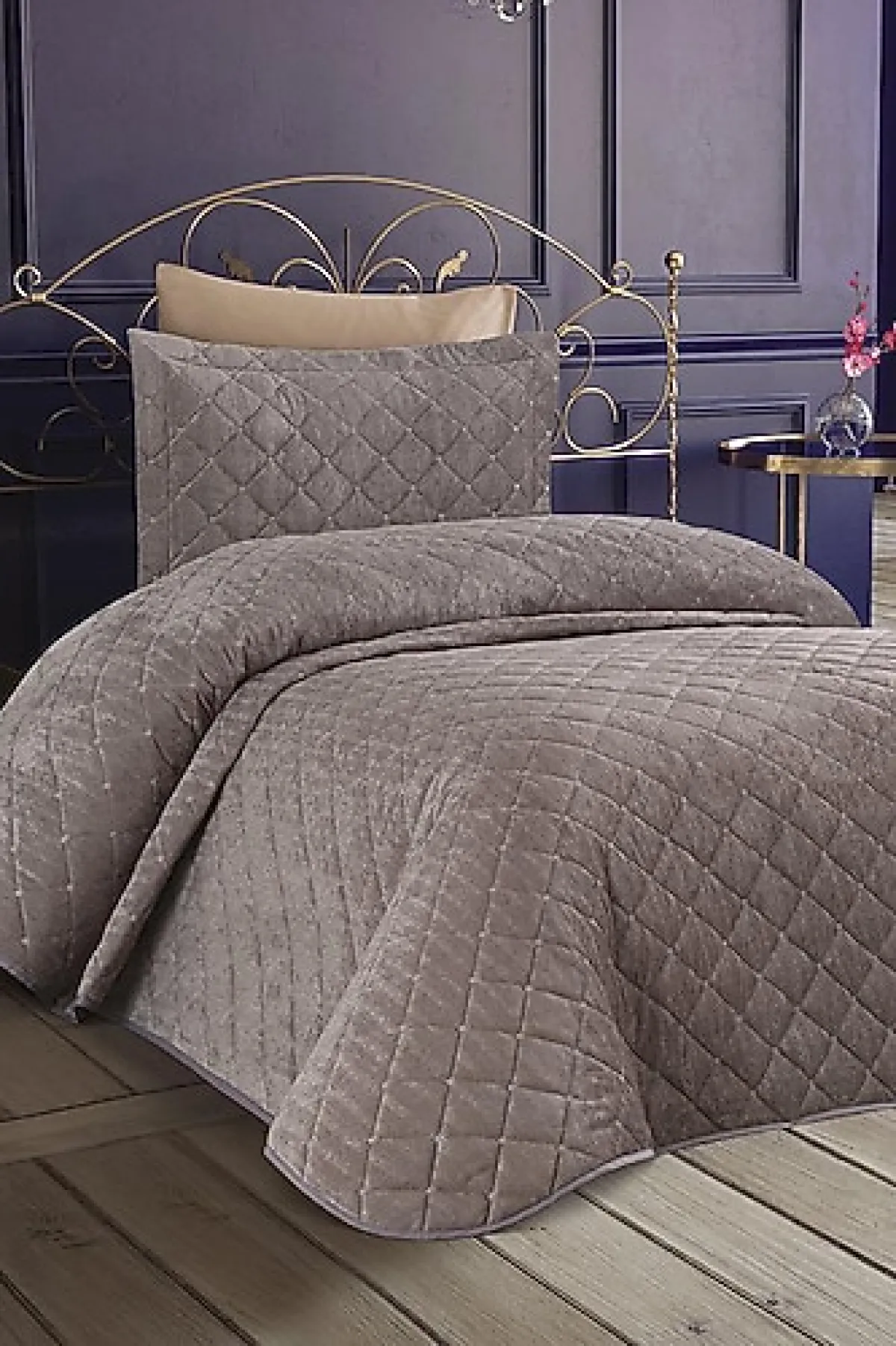 Çeyiz Diyarı Dessert Gri Kadife Kapitone Tek Kişilik Yatak Örtüsü Takımı