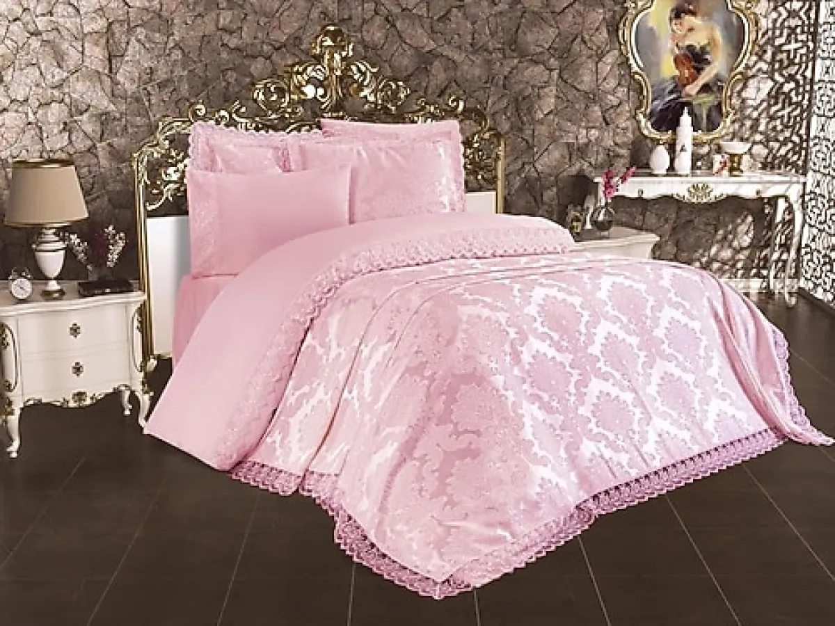 Çeyiz Diyarı Lalezar Fransız Dantelli 7 Parça Gelin Seti Pudra