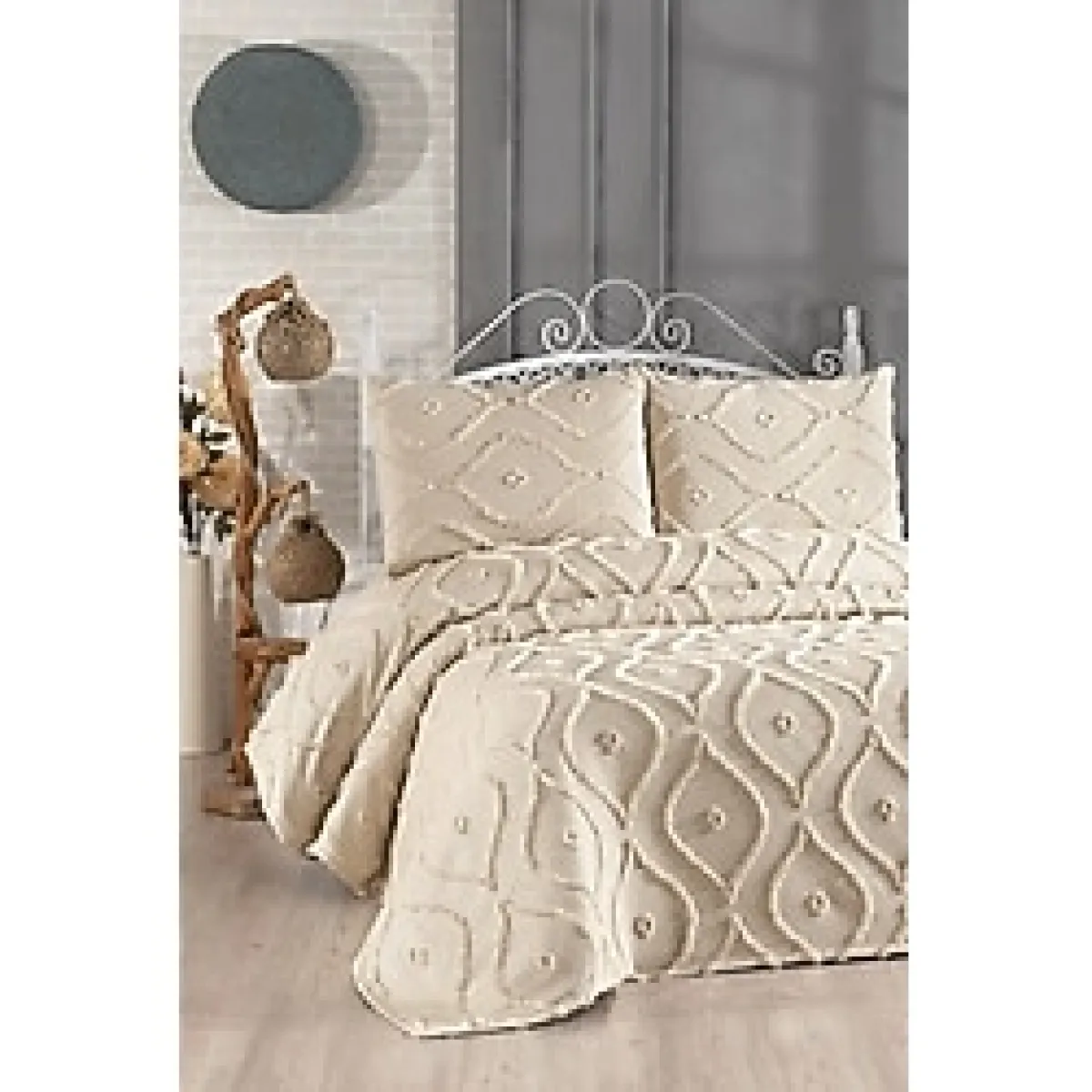 Çeyiz Diyarı Pirot 3 Parça Çift Kişilik Pike Takımı Bej - Çift Kişiliik