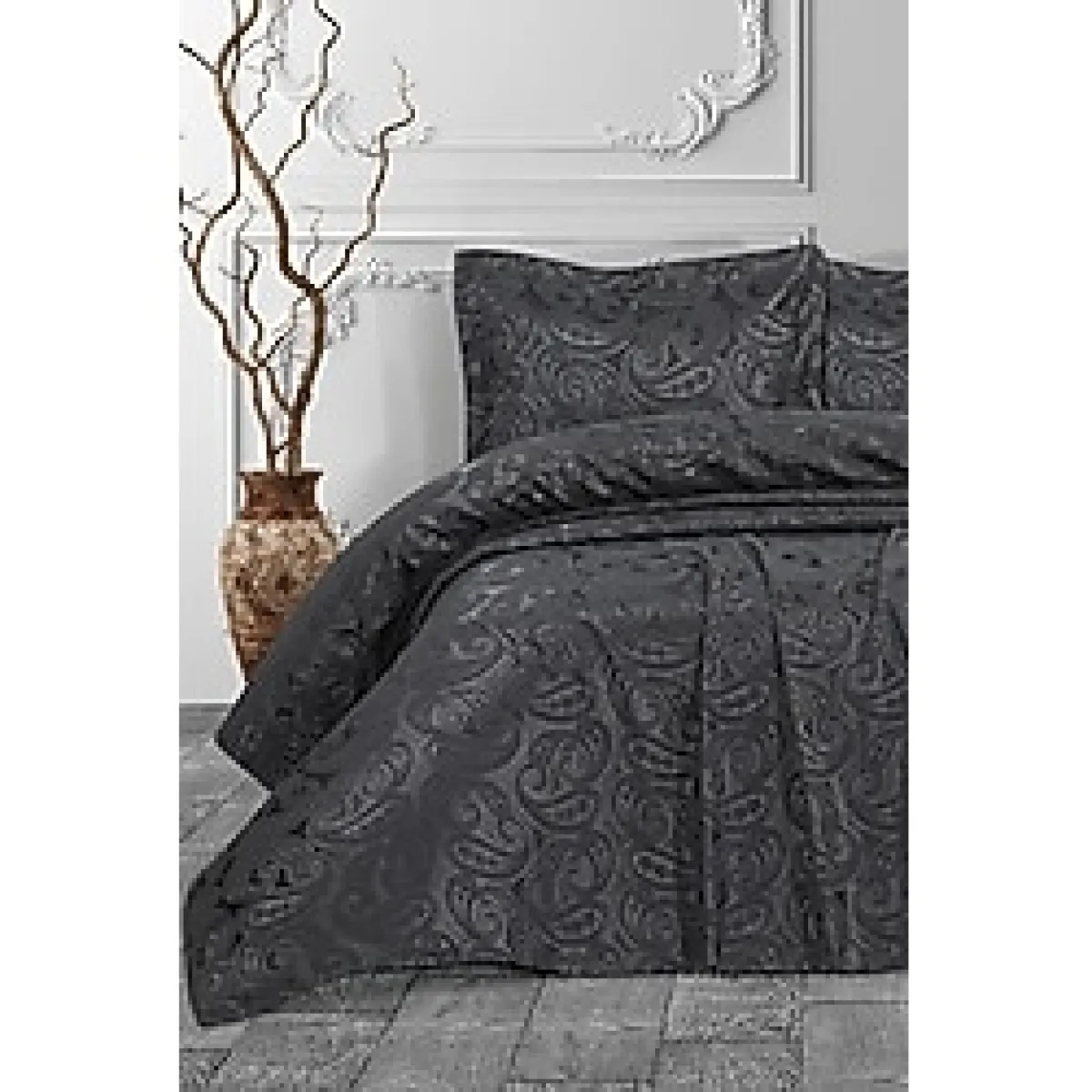 Çeyiz Diyarı Şal 3 Parça Çift Kişilik Yatak Örtüsü Antrasit - 240 x 260 cm