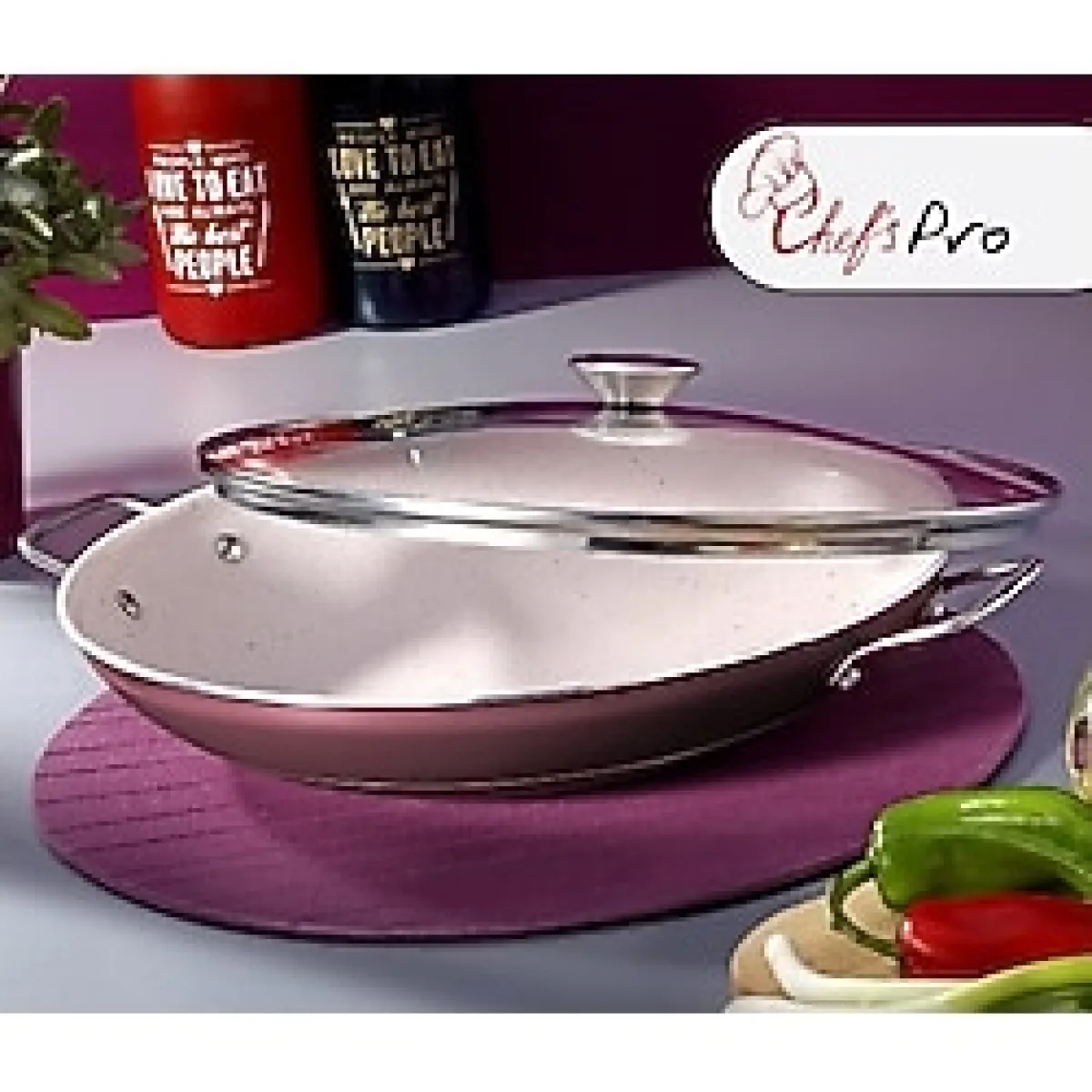 Chefs Pro Granit Efektli Cam Kapaklı Kavurma Sacı 32 cm