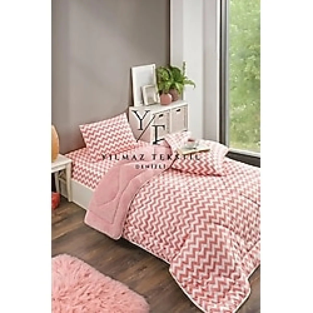 ChicMaison Tek Kişilik Pofuduk Uyku Seti Wellsoft Materyal Geometrik Desen Lastikli Çarşaflı Pudra Zigzag