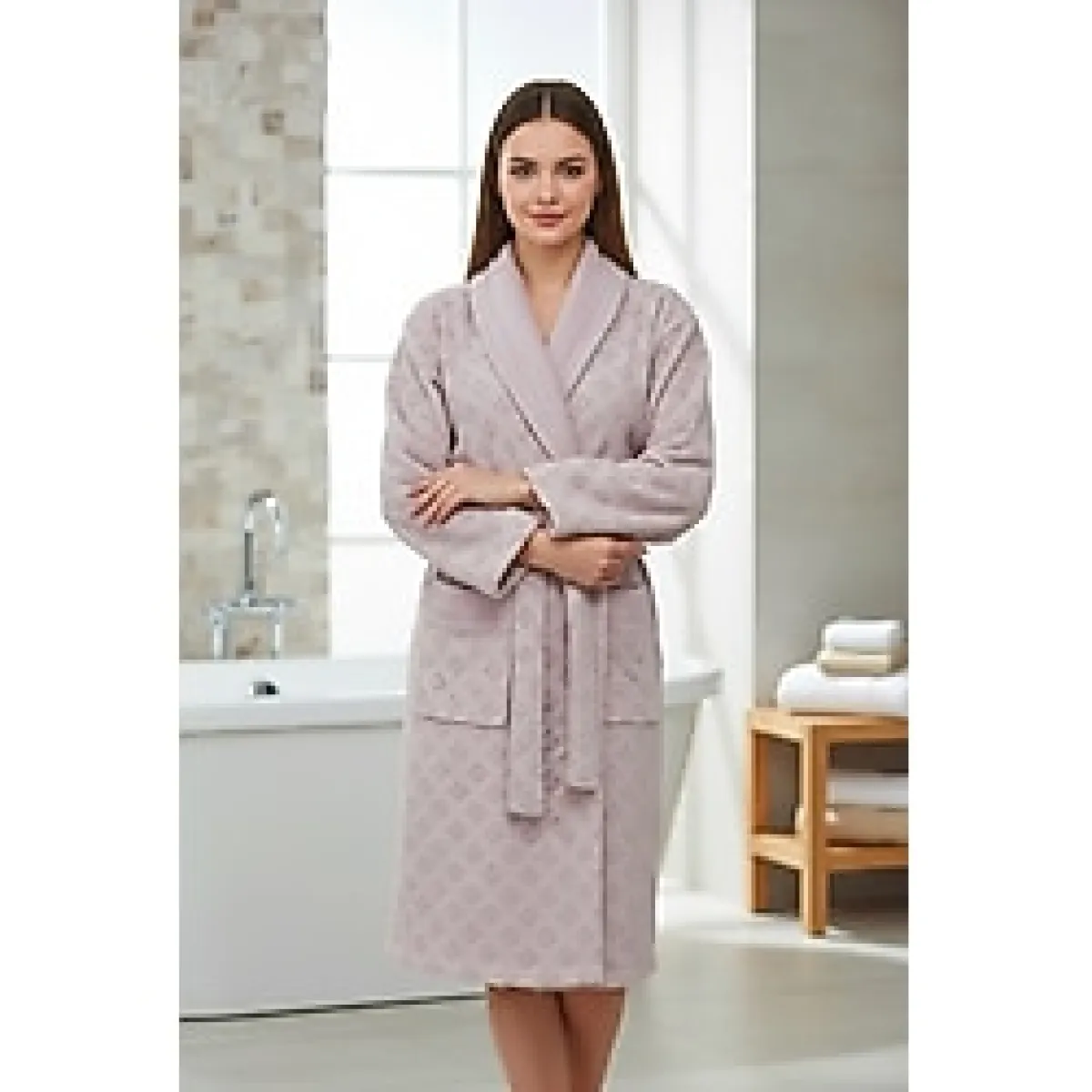 Class Kadife Jakarlı Kadın Bornoz Hazelnut L - Kahverengi