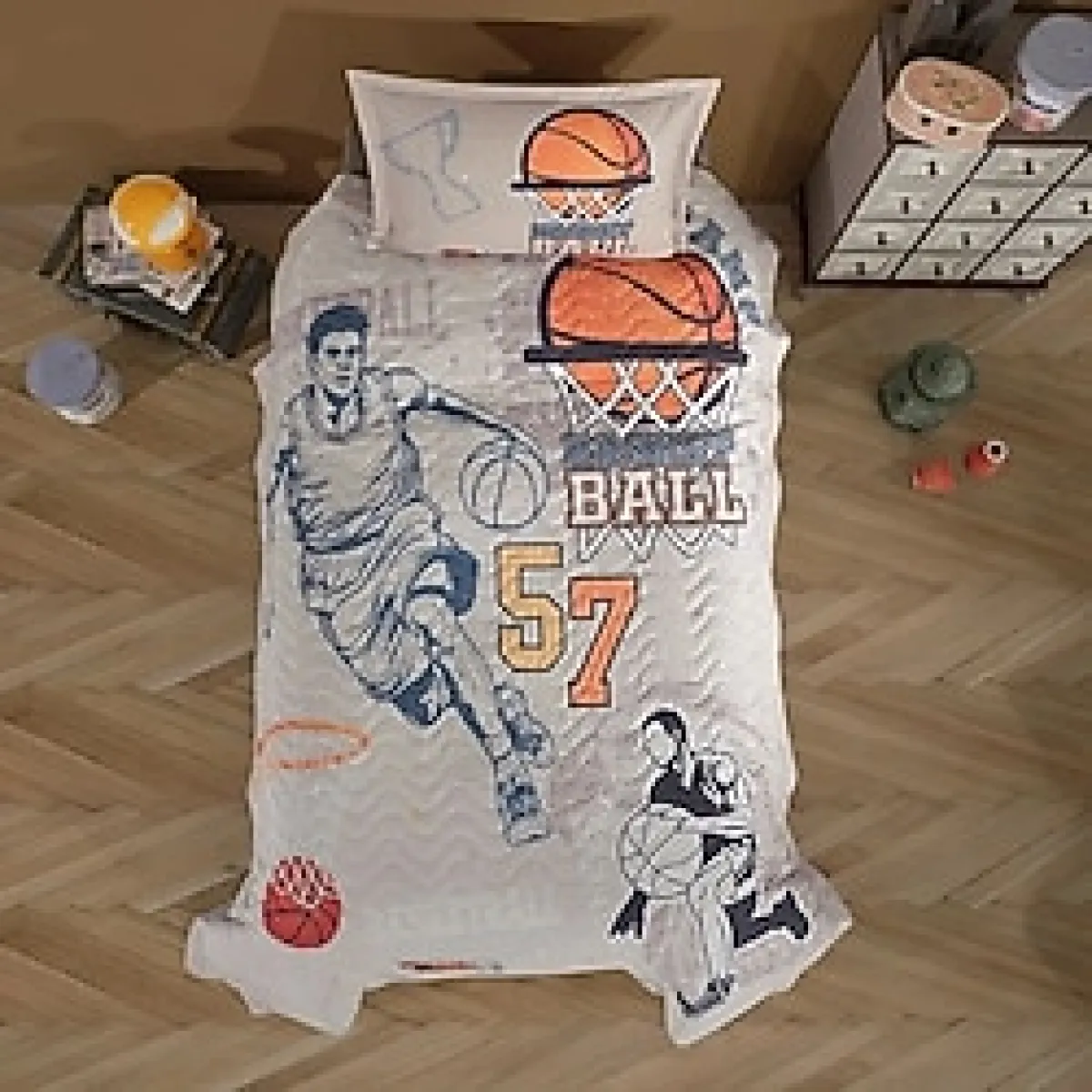 Clasy Ranforce %100 Pamuk Tek Kişilik Dört Mevsim Set Basketball V1 Bej