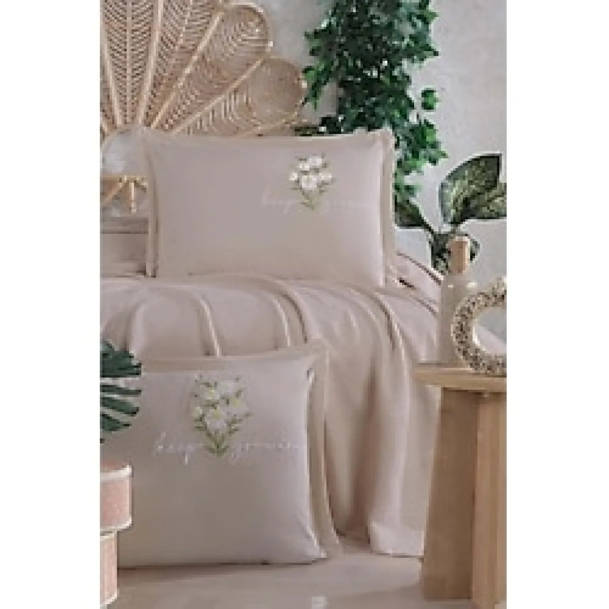 Clasy Tek Kişilik Pike Takımı Etta Taş Rengi - Açık Bej