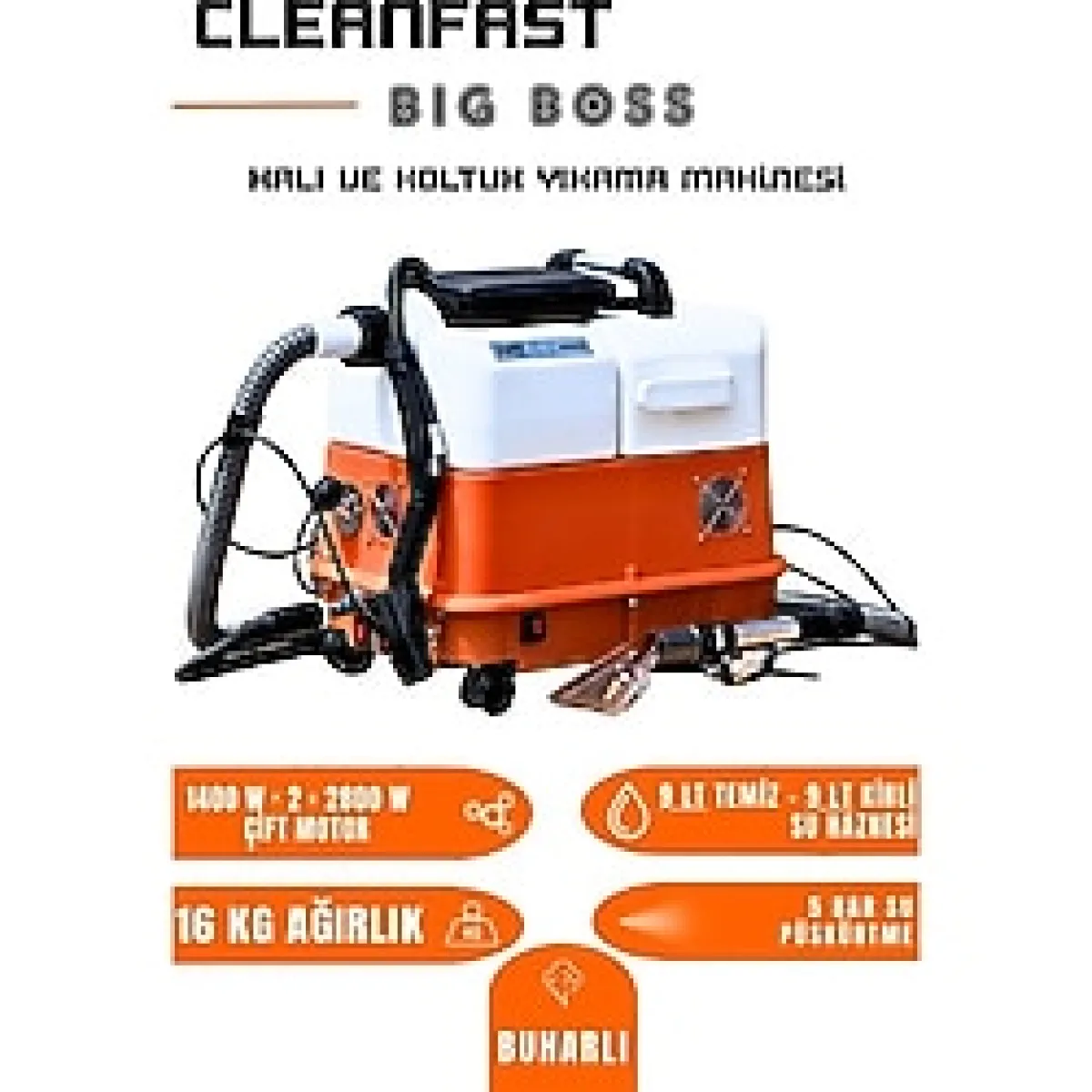 Cleanfast Big Boss Çift Motorlu Buharlı Koltuk Halı Yıkama Makinesi Profesyonel