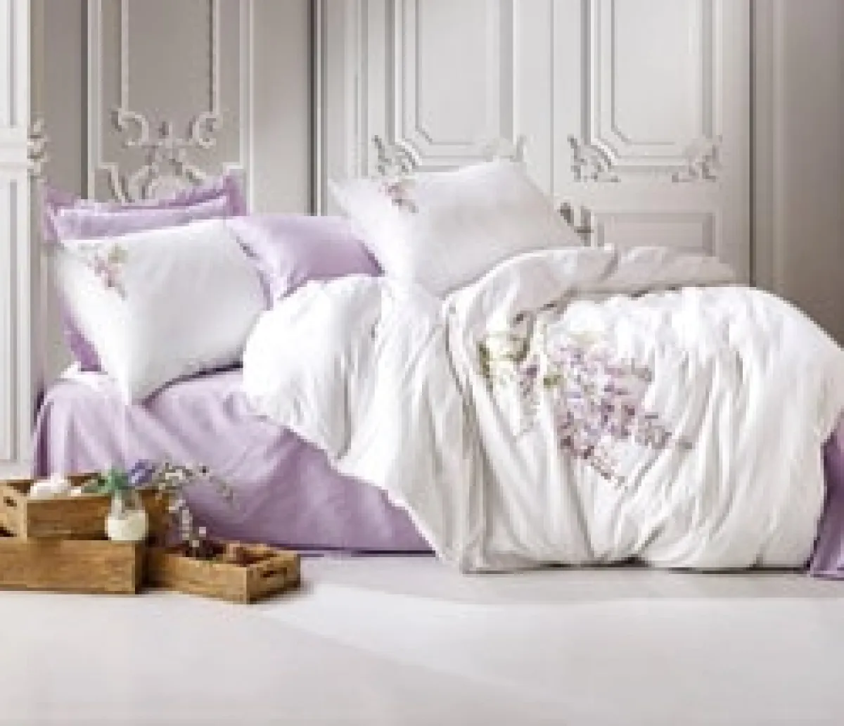 Cotton Box Mita Lila 3D Nakışlı Saten Çift Kişilik Nevresim Takımı