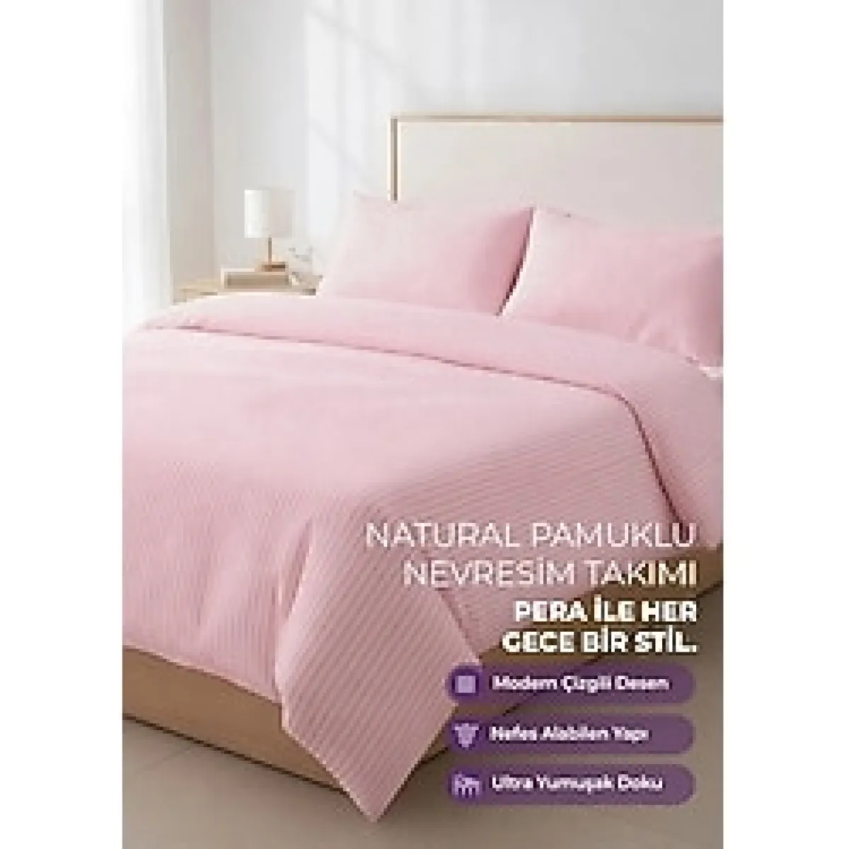 Days In Colours: %100 Pamuk Çizgili Nevresim Takımı Çift Kişilik / Pera Serisi - 200 x 220 cm - Toz Pembe