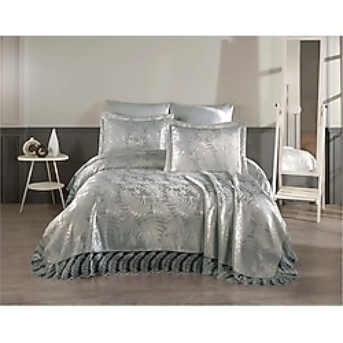 DİA BELLA Palm 3 Parça Fransız Dantelli Şönil Lux Pike Takımı - Gri