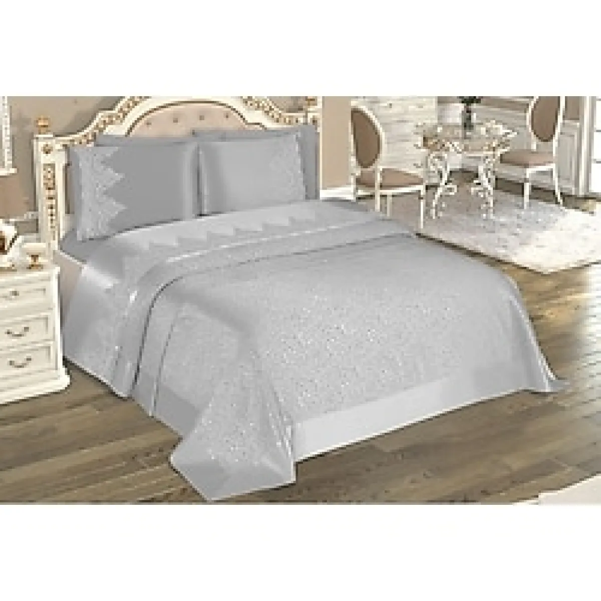 D'niss Home Selin 6 Parça Fransız Dantelli Çift Kişilik Pike Takımı - Gri