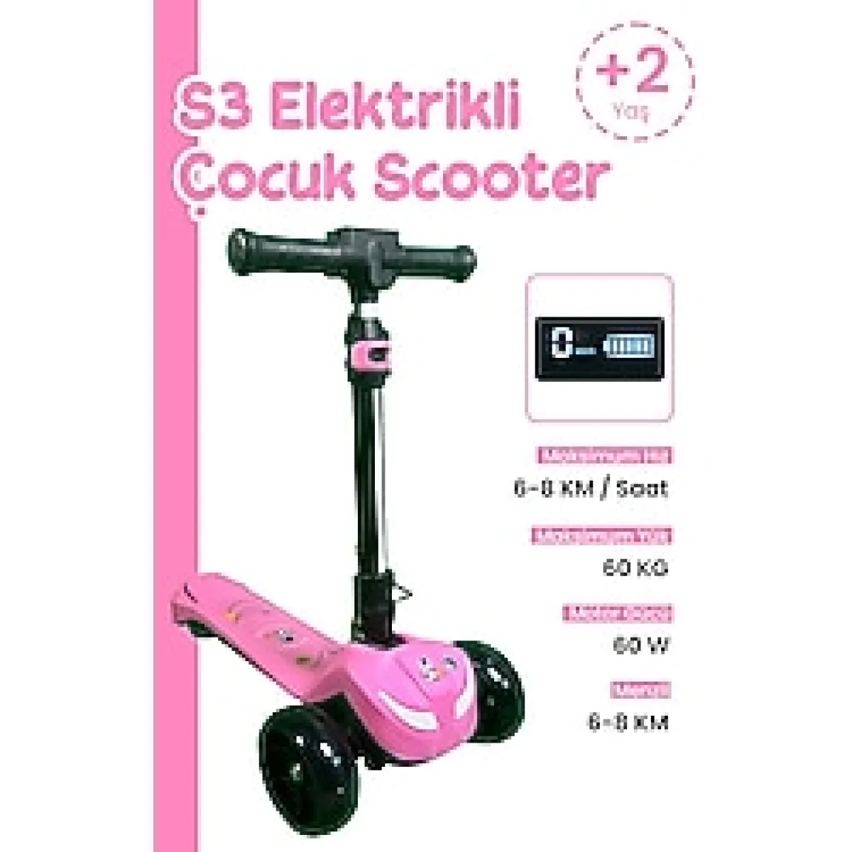 Electron Led Işıklı Hoparlörlü Yükseklik Ayarlı Elektrikli Scooter - 60w Pembe