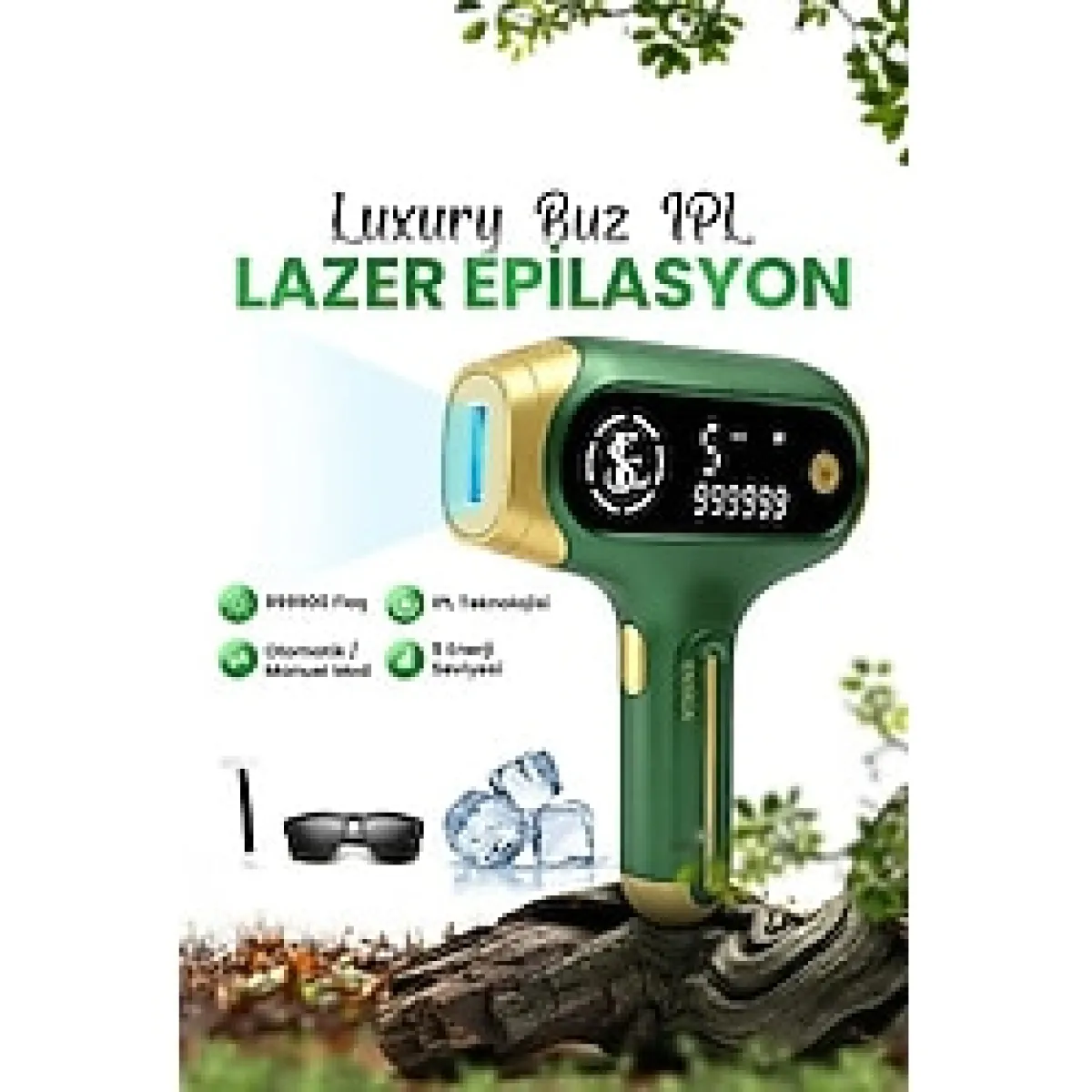 Ensiga Kuvars Lamba Buz Ipl Lazer Epilasyon 999.999 Atım Ağrısız Vücut Yüz Cihazı Çok Fonksiyonlu Otomatik - Yeşil