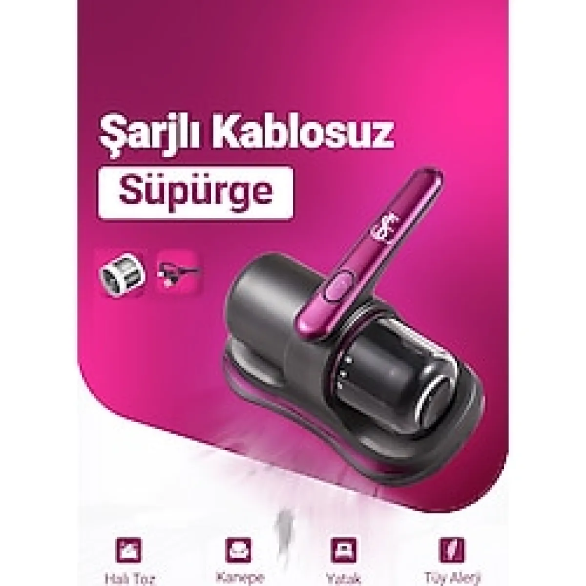 Ensiga Tüy Toplayıcı El Süpürgesi Kablosuz Şarjlı Yatak Kanepe Halı Toz Tüy Uv Işınlı Temizleme - Mor - Renk