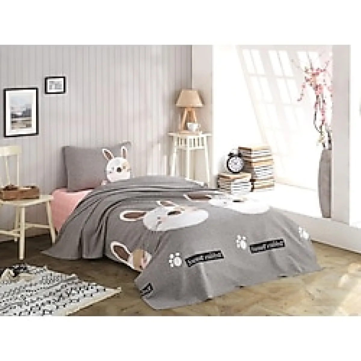 Eponj Home Pike Seti Baskılı Tek Kişilik Tavşancık A.Kahve-Gri-Pembe 160x235 cm - Açık Kahverengi - Gri - Pembe