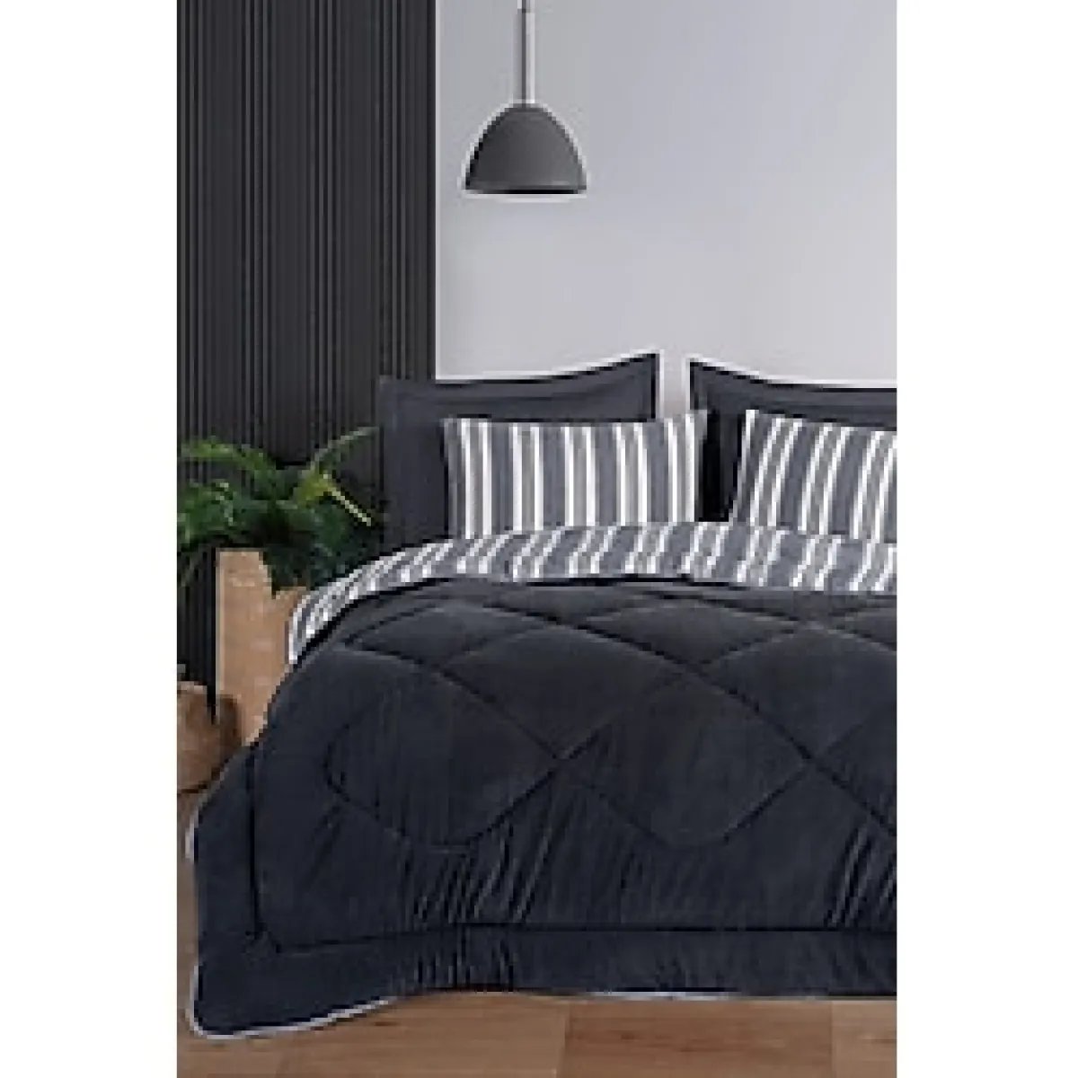 Eponj Home Tek Kişilik Uyku Seti Wellsoft Yorganlı Pofuduk 3 Parça Soft Line Antrasit