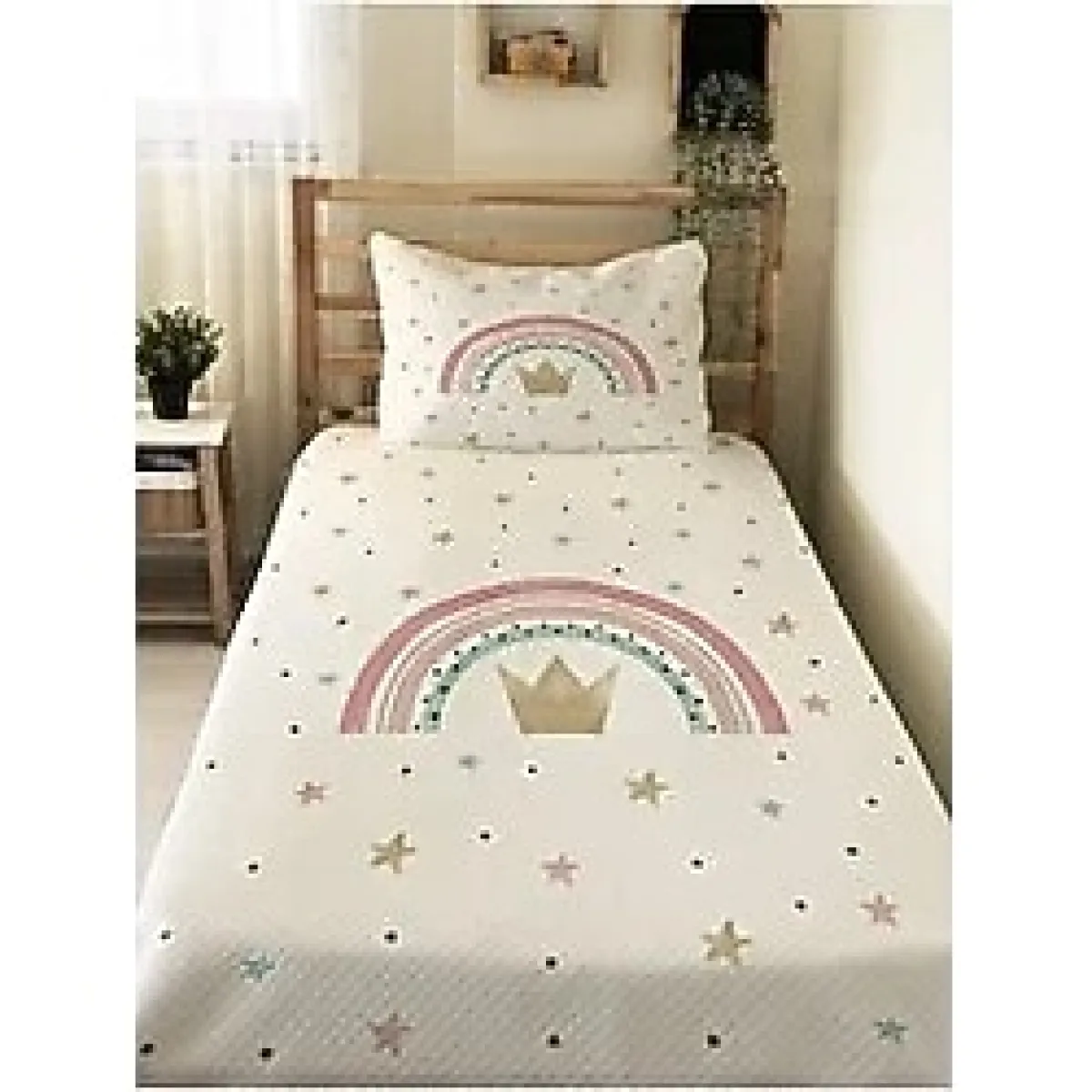 Evmila Gökkuşağı Desenli Bebek Ve Çocuk Baskılı Tek Kişilik Pike Takımı 160x230 Beyaz