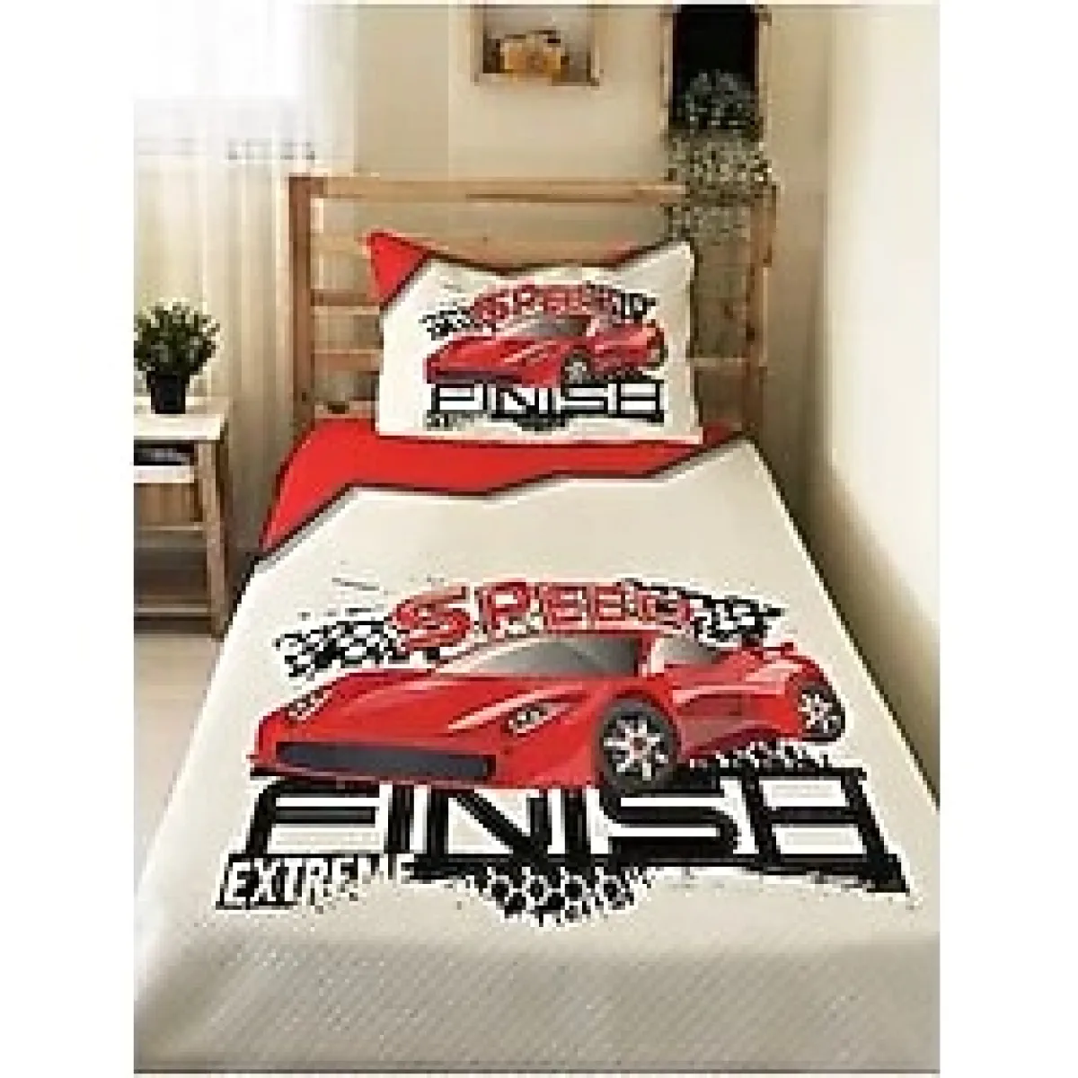 Evmila Kırmızı Araba Desenli Bebek Ve Çocuk Baskılı Tek Kişilik Pike Takımı 160x230 Beyaz