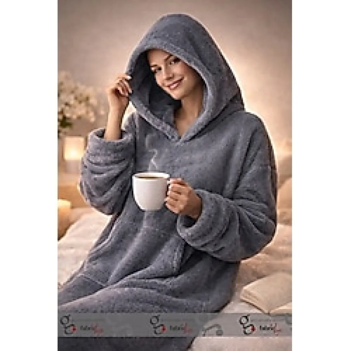 Fabric Box Wellsoft Kapüşonlu Giyilebilir Tv Battaniyesi - Sıcak Tutan Wellsoft Kapüşonlu - Gri - 130 x 80 cm