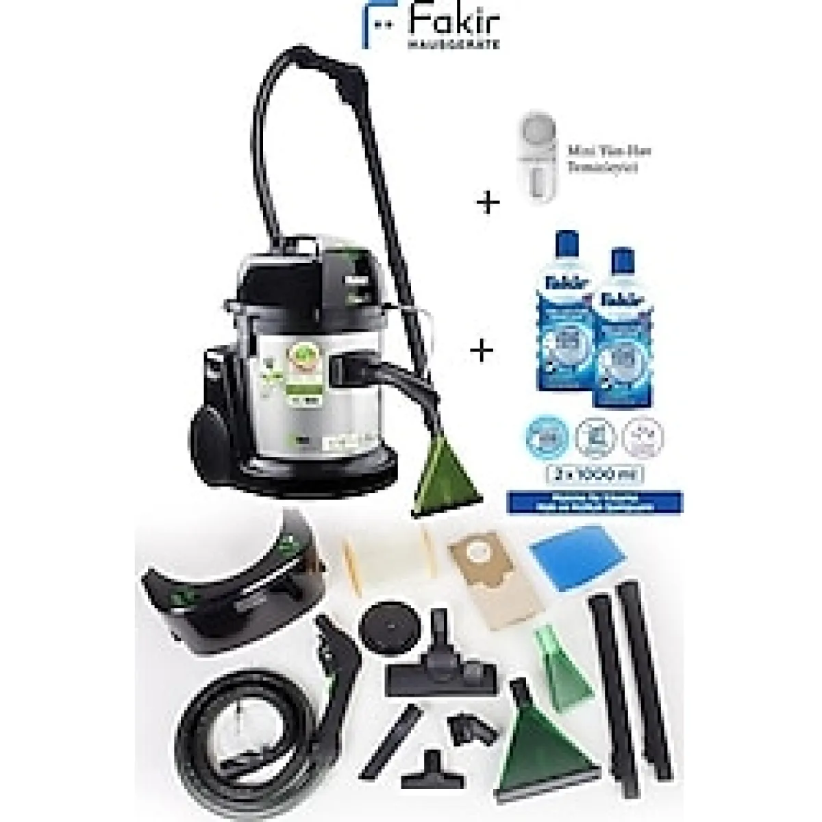 Fakir 1600WAAT Yüksek Performanslı Islak & Kuru Halı Koltuk Süpürme ve Yıkama Makinesi + 2litre Şampuan - Gri