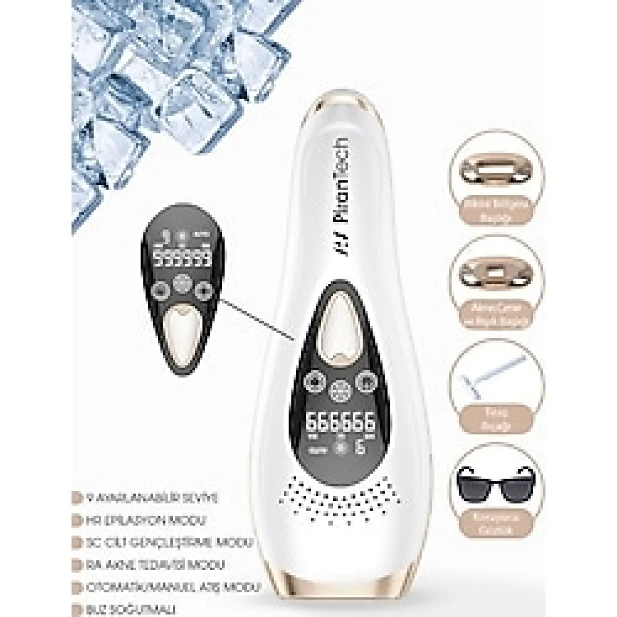 Feyza Design LCD Ekranlı 9 Seviyeli Cilt Gençleştirici Buz Lazer Ipl Epilasyon Aleti - Ahşap - Beyaz