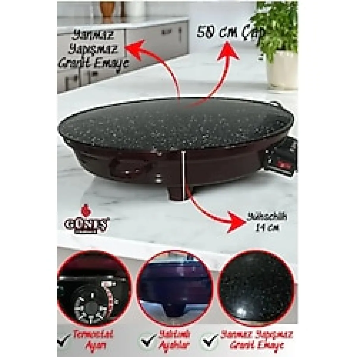 Güneş 2000w Elektrikli Lüks Termostatlı 50 Cm Ekmek,gözleme,börek Ve Katmer Sacı