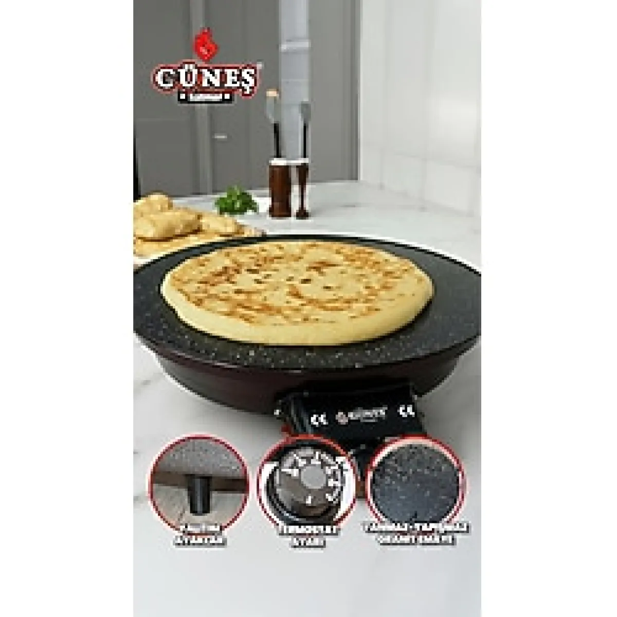 GÜNEŞKATMER 2000w Elektrikli Lüks Termostatlı 50 Cm Ekmek,gözleme,börek Ve Katmer Sacı l Granit emaye