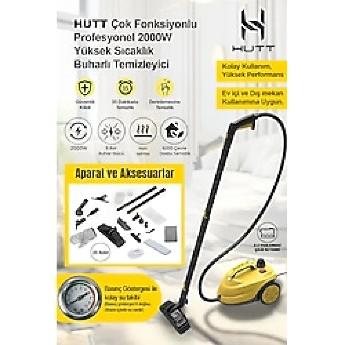 HUTT Çok Fonksiyonlu Profesyonel 2000W Yüksek Sıcaklık Buharlı Temizleyici Halı, Koltuk, Araç ve Mutfak