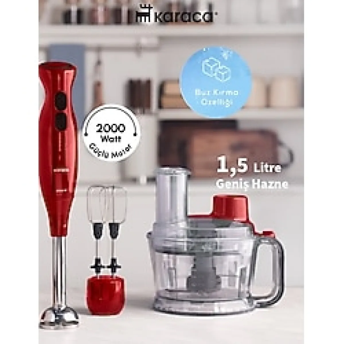 Karaca PRO-2000W Turbo Doğrayıcı, Dilimleme Rondo, Blender - Ikili Çelik Mikser, Buz Kırıcı Mutfak Robotu - Kırmızı