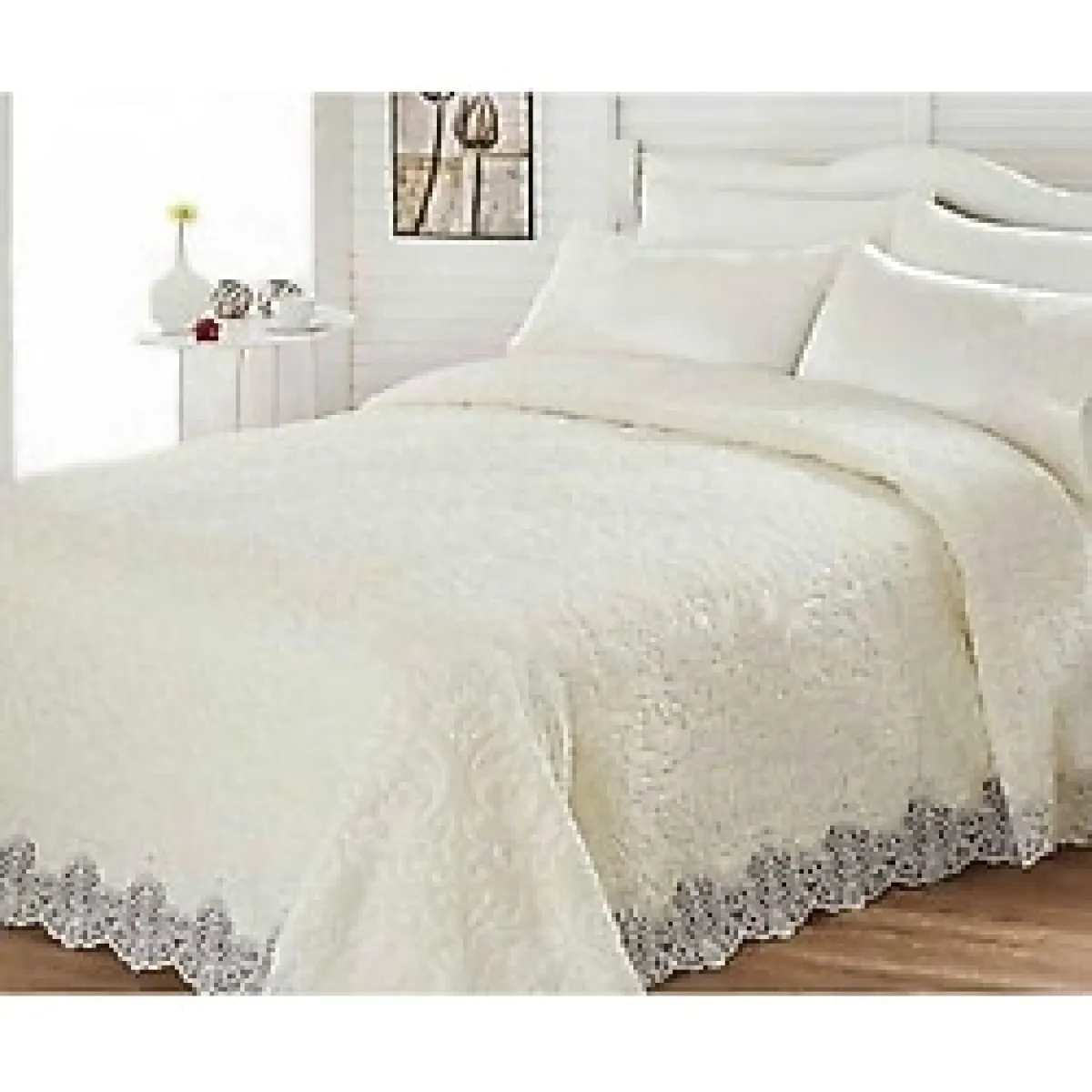 Kelebek Krem Gelin Battaniye Seti Fransız Güpürlüdür Çeyizlik Kutusunda