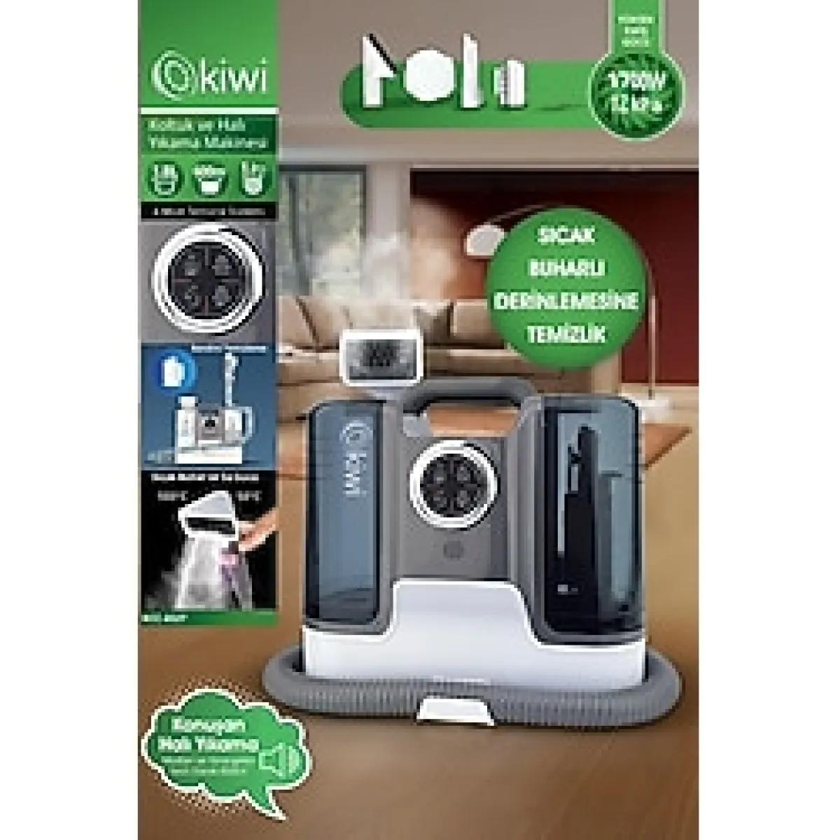 Kiwi 1700W Koltuk ve Halı Yıkama Makinesi - Yüksek Emiş Gücü, Sıcak Buhar ile Derinlemesine Temizlik, Islak ve Kuru Kullanım, 1.8L Su Tankı