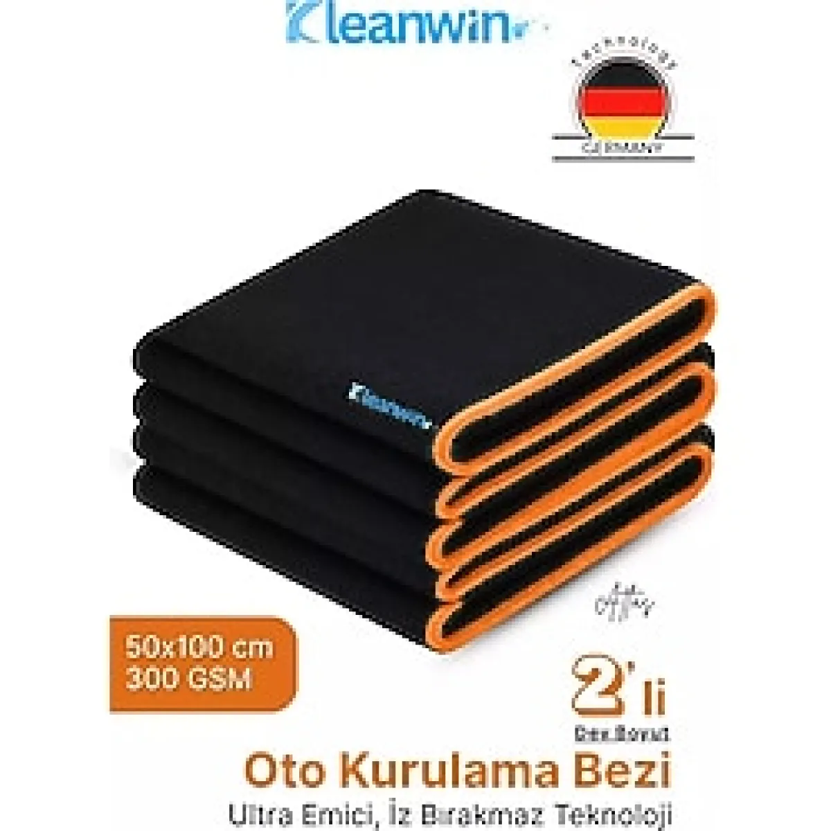 Kleanwin Atlas 2'Li Set 50X100 Cm Premium Mikrofiber Araba Kurulama Bezi - Maxi Boy Ultra Emici Oto Havlusu