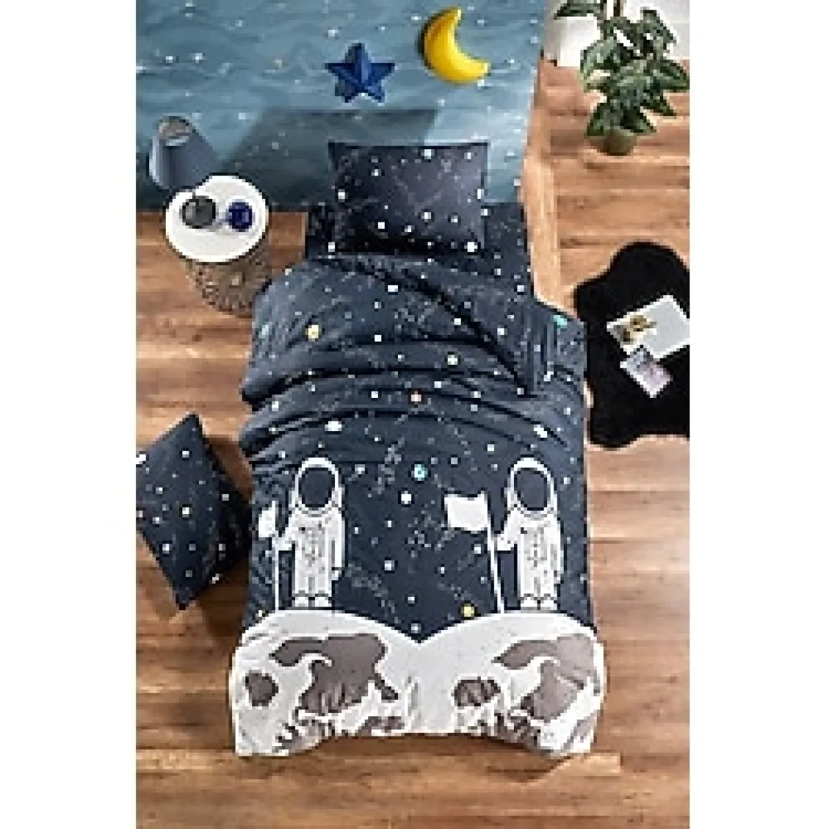 LaLiva Çarşafı Lastikli Doğal Sağlıklı Pamuk Astronot Uzaylı Çocuk Nevresim Takımı Tek Kişilik