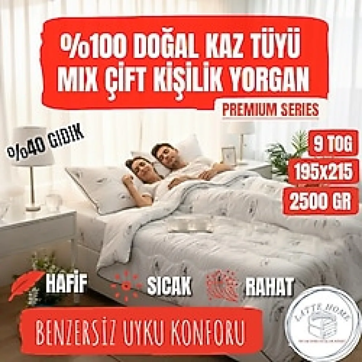 Latte Home %100 Doğal Kaz Tüyü Mix Çift Kişilik Yorgan (195x215) - Premium Series, Ultra Hafif 9 TOG, 2500gr Özel Üretim - 195 x 215 cm - 010 - Beyaz